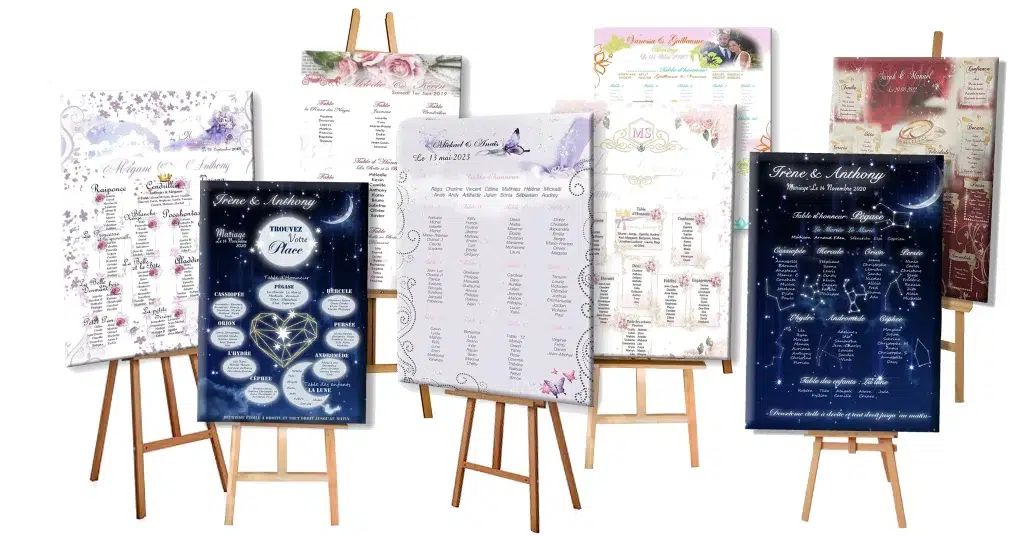 Plan de Table : Organisez Votre Réception avec Style Le plan de table est un élément essentiel pour une réception de mariage, baptême ou tout autre événement important. C'est une façon pratique et élégante d'organiser l'agencement des tables et de guider vos invités vers leur place respective. Avec un plan de table bien pensé, vous pouvez créer une ambiance conviviale et faciliter les échanges entre vos proches. Pourquoi un plan de table est-il important ? Ordre et Organisation : Un plan de table bien conçu permet de garantir que tous vos invités sont confortablement installés et qu'ils peuvent profiter pleinement de la réception. Gestion des Groupes : Vous pouvez regrouper vos invités en fonction de leurs affinités, ce qui favorise les interactions et crée une atmosphère chaleureuse. Facilitation pour le Service : Un plan de table organisé facilite la tâche du personnel de service en les aidant à servir les plats et les boissons de manière efficace. Contenu du Plan de Table : Liste des Invités : Répertoriez tous les invités en fonction de leur nom et du numéro de leur table respective. Disposition des Tables : Dessinez un schéma ou une disposition de la salle avec les numéros de table pour indiquer où chaque groupe sera assis. Numéros de Table : Assurez-vous que chaque table est clairement identifiée par un numéro ou un nom unique. Plan de Table par Universe Faire-part : Chez Universe Faire-part, nous comprenons l'importance d'un plan de table bien organisé et esthétique. Nos créateurs talentueux travailleront avec vous pour concevoir un plan de table qui s'intègre parfaitement à l'ambiance de votre événement. Vous pourrez choisir parmi une variété de designs élégants et personnalisables pour que votre plan de table soit à la fois fonctionnel et esthétique. Faites confiance à Universe Faire-part pour vous aider à créer un plan de table qui reflète votre style et facilite le bon déroulement de votre réception. Avec notre expertise en matière de design et de personnalisation, votre plan de table sera à la hauteur de cette journée spéciale. Commandez dès maintenant et offrez à vos invités une réception parfaitement orchestrée et mémorable !