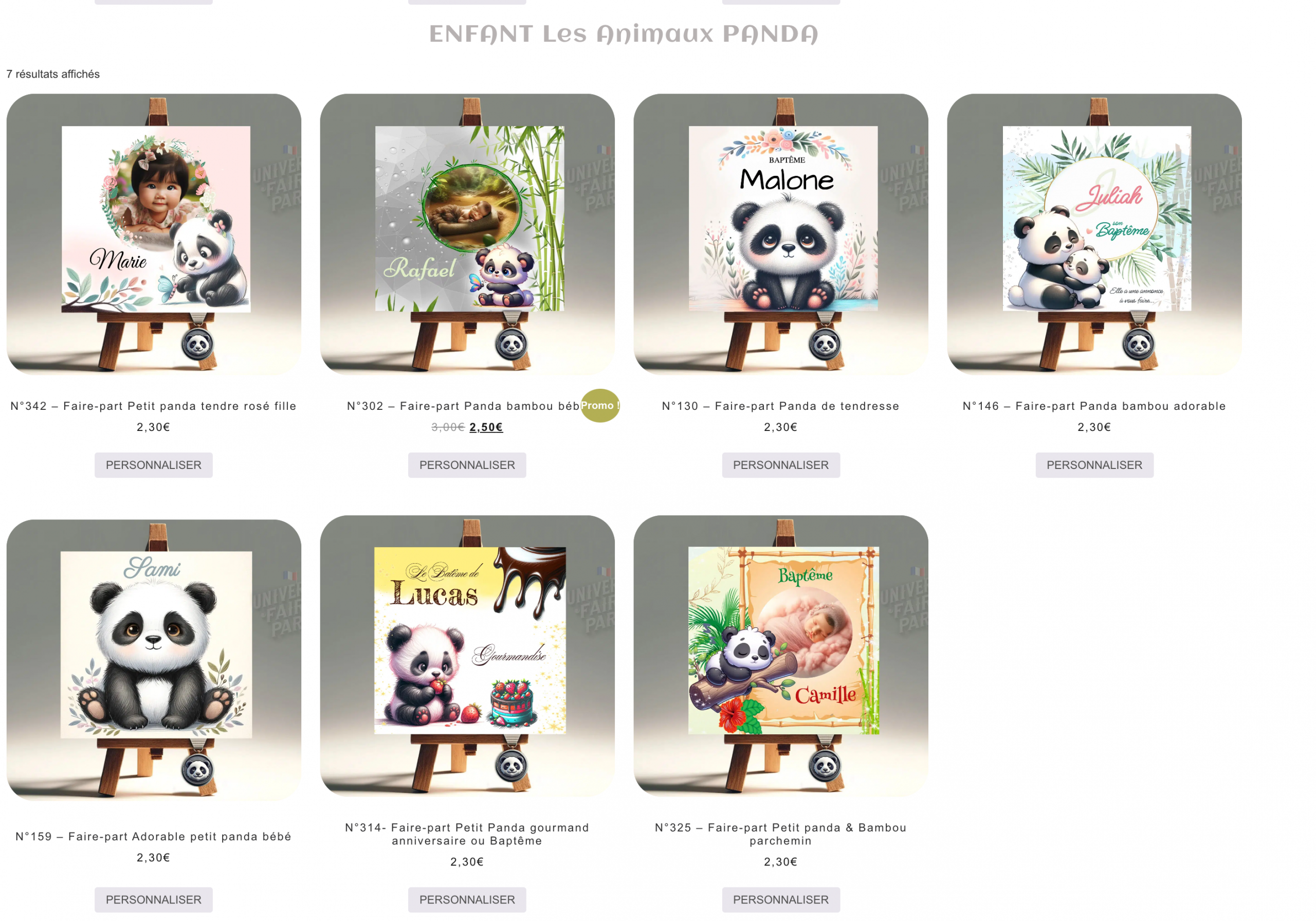 Notre collection de faire-part Panda est idéale pour annoncer les moments les plus précieux de votre vie avec une touche de douceur et de fantaisie. Chaque modèle de cette collection unique est conçu pour capturer l'essence de l'enfance et la beauté de la nature à travers des illustrations adorables de pandas et des motifs naturels. Que ce soit pour une naissance, un baptême, ou un anniversaire, ces faire-part personnalisables sont parfaits pour créer des souvenirs inoubliables.