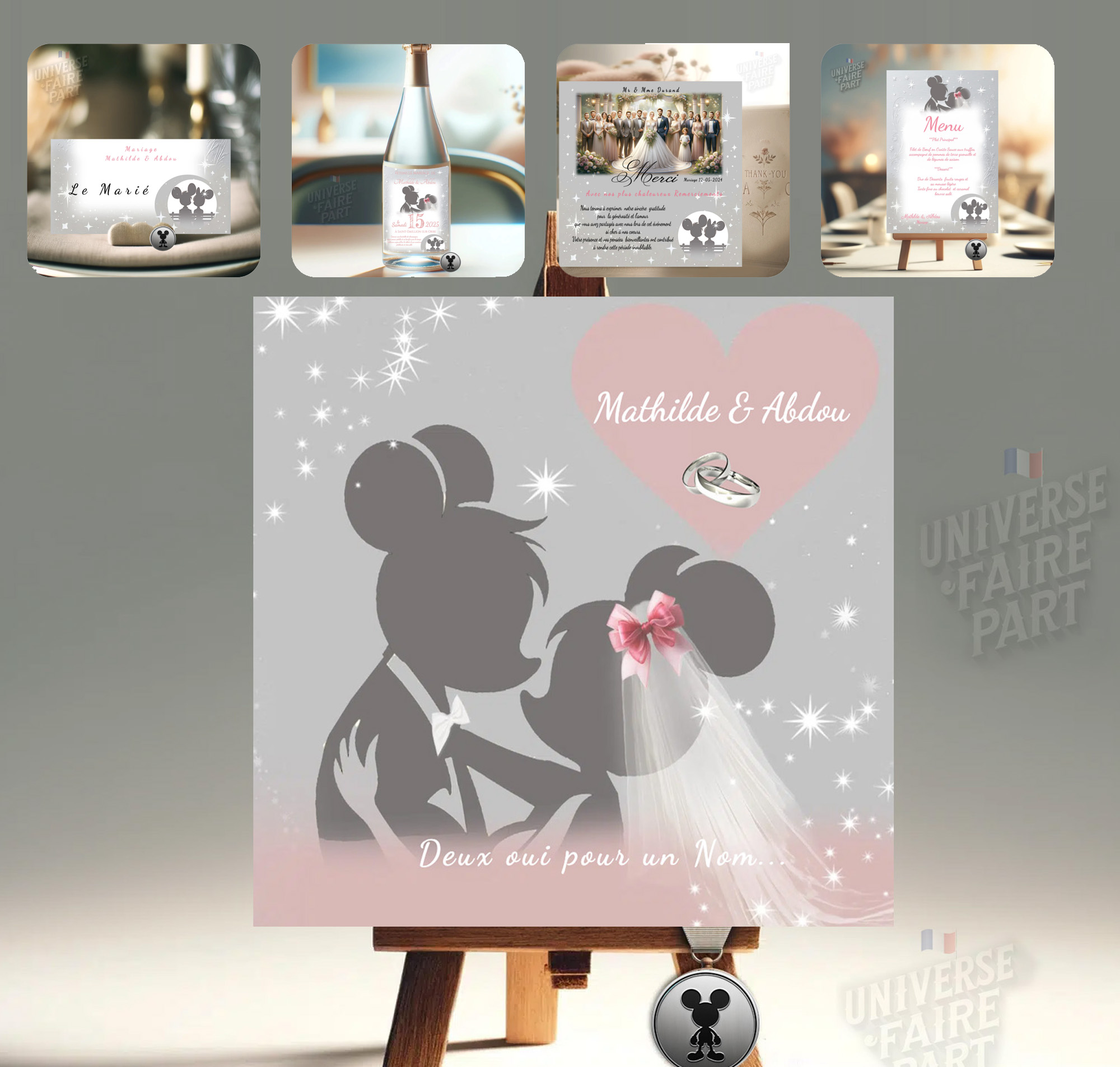 Faire-Part Rose Pâle et Gris Mickey et Minnie : Une Invitation Douce et Magique pour Votre Événement