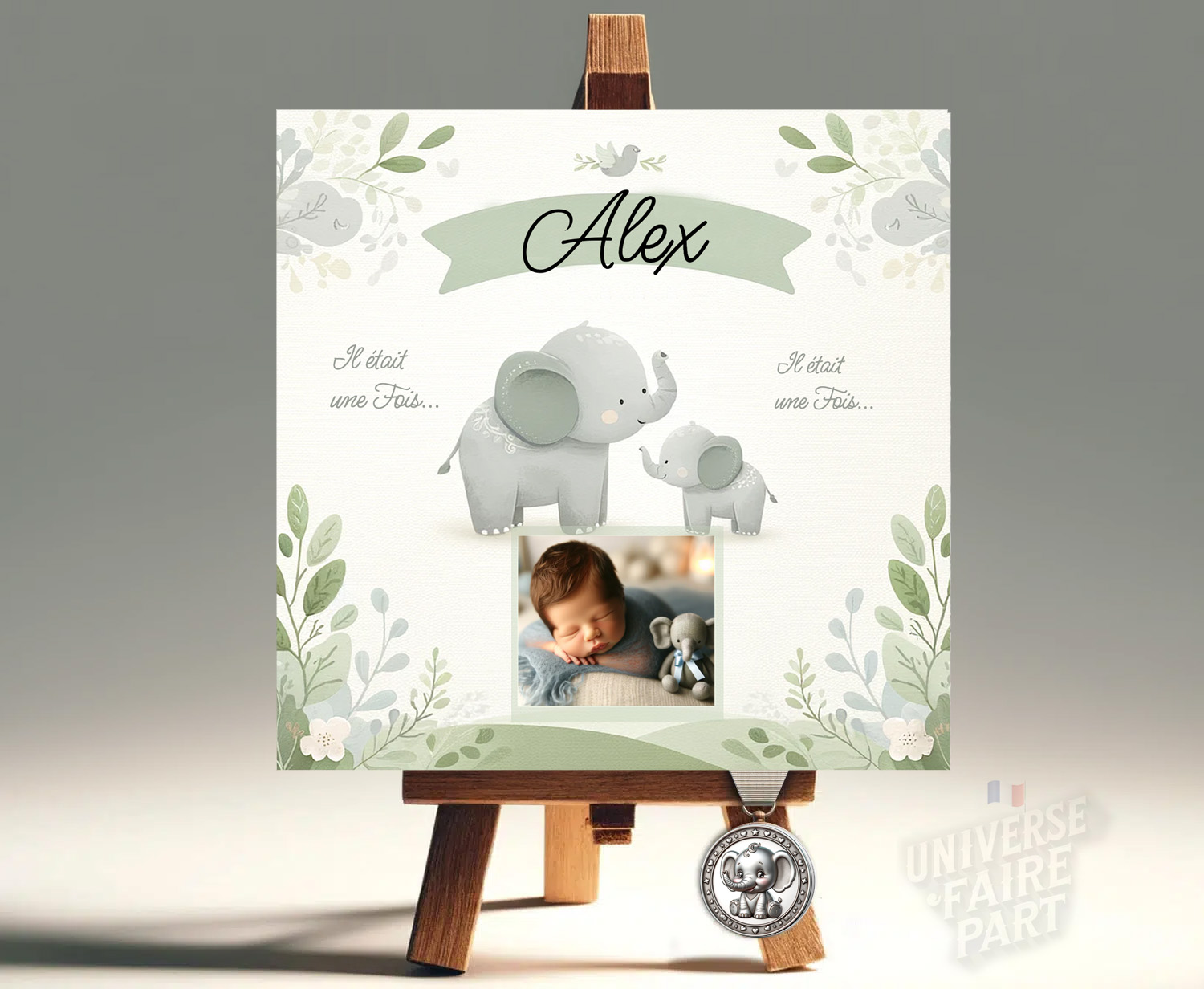Faire-Part Vert Pastel Tendre Baptême Bébé Éléphant : Une Annonce Douce et Élegante