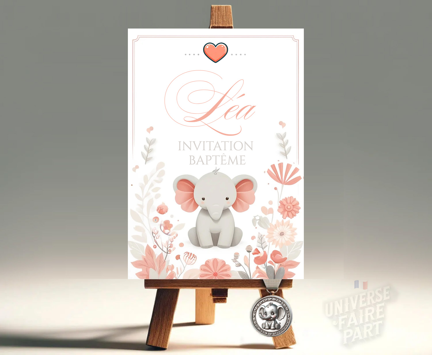 Faire-Part Petit Éléphant Adorable Corail et Blanc : Une Annonce Charmante pour Votre Bébé
