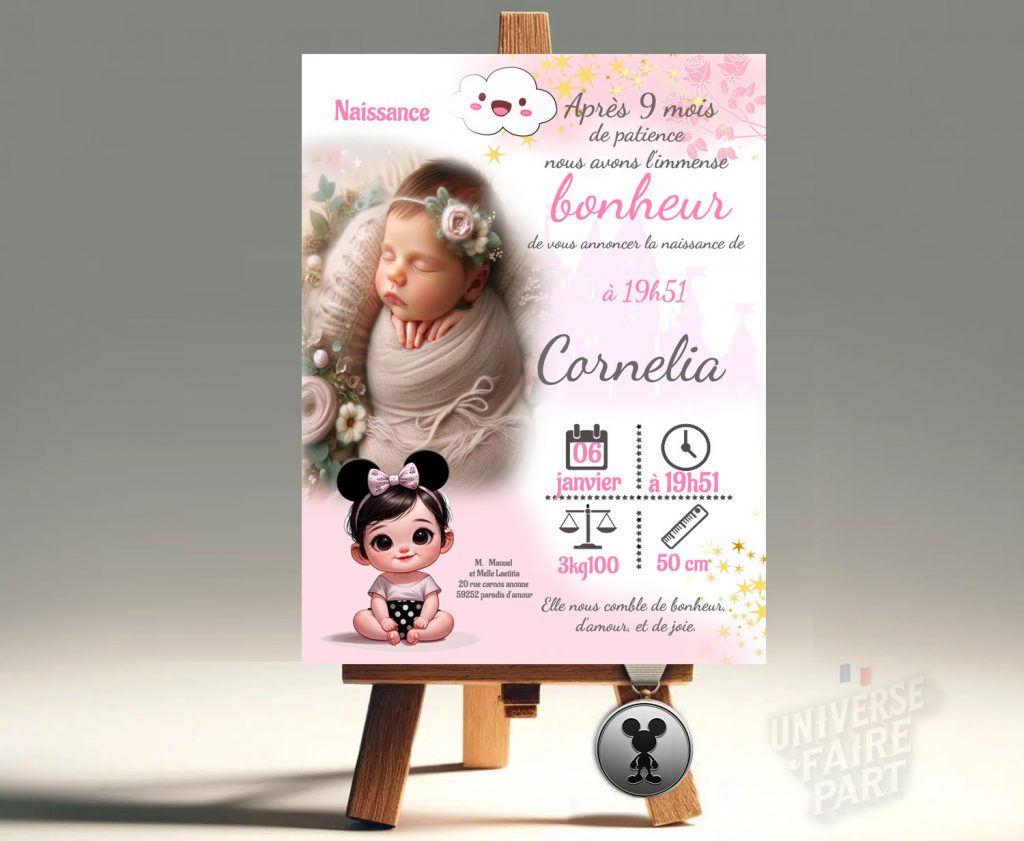 Faire-Part de Naissance Princesse Minnie : Une Annonce Enchantée pour Votre Petite Fille
