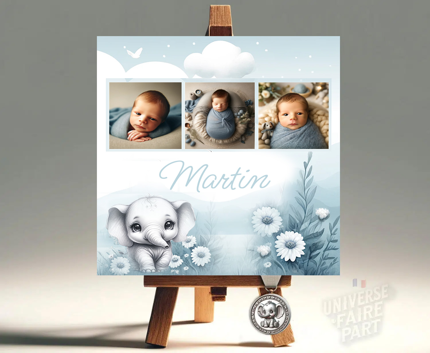 Faire-Part de Naissance Petit Éléphant Dumbo Bleu et Blanc : Une Annonce Douce et Magique