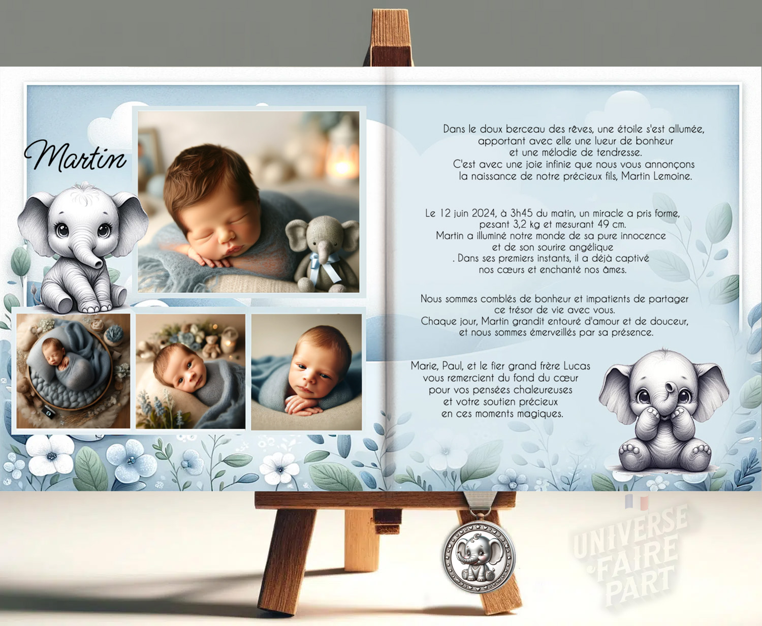Faire-Part de Naissance Petit Éléphant Dumbo Bleu et Blanc : Une Annonce Douce et Magique