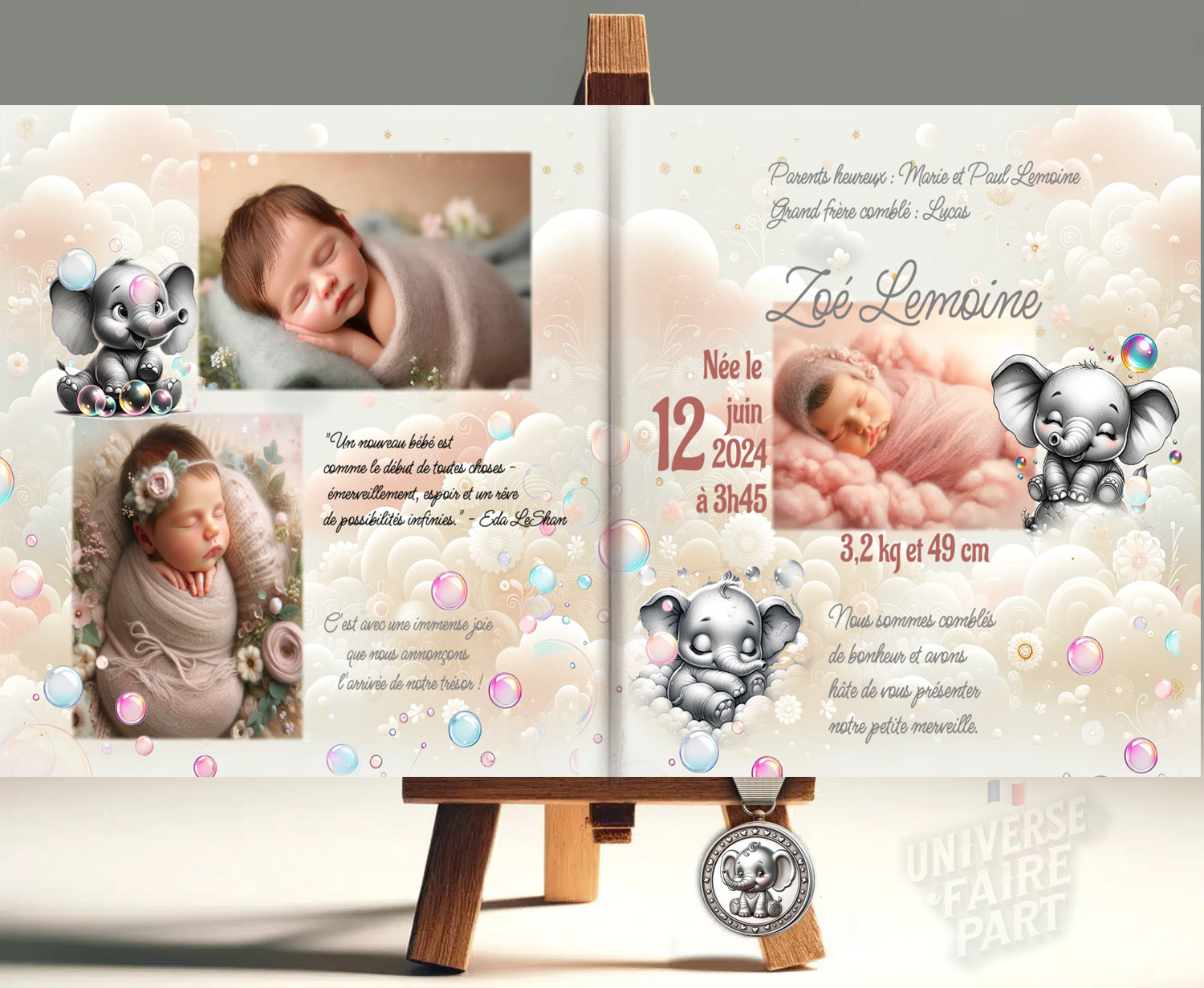 Faire-Part de Naissance Fille Baby Dumbo : Une Annonce Tendre et Enchantée
