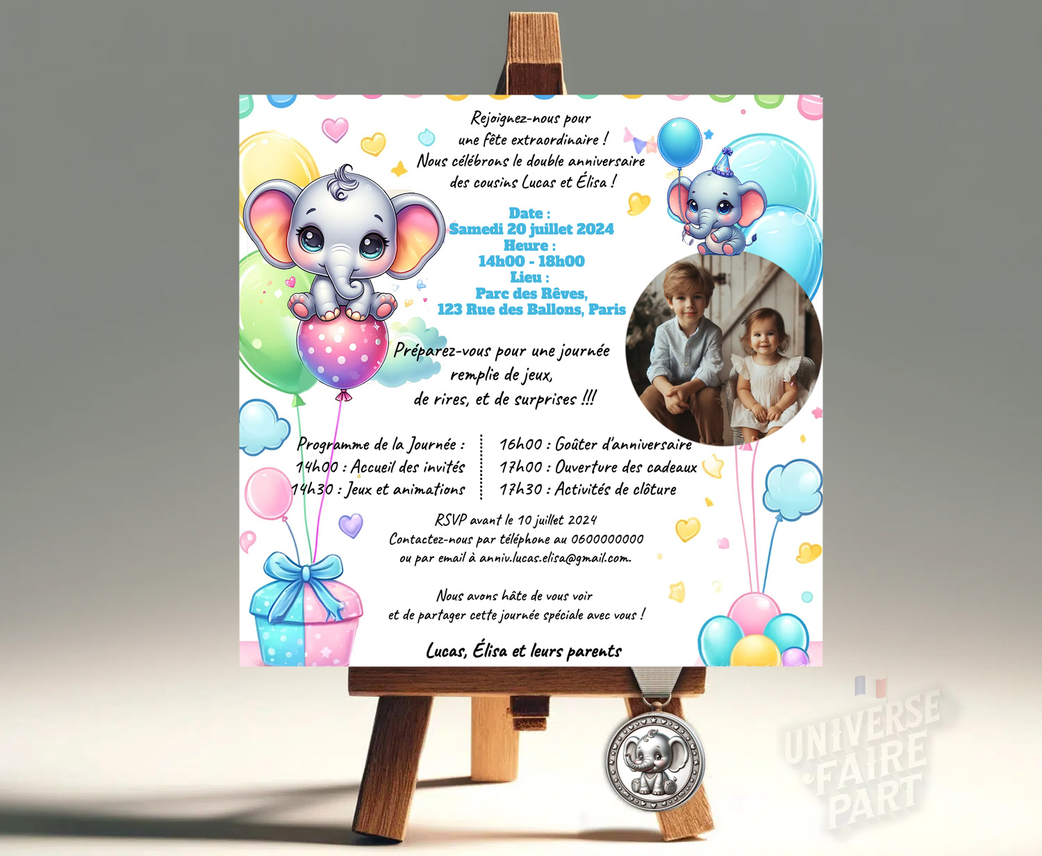Faire-Part Carte Anniversaire Éléphant d’Amour Unisexe : Une Invitation Adorable pour Toutes les Occasions