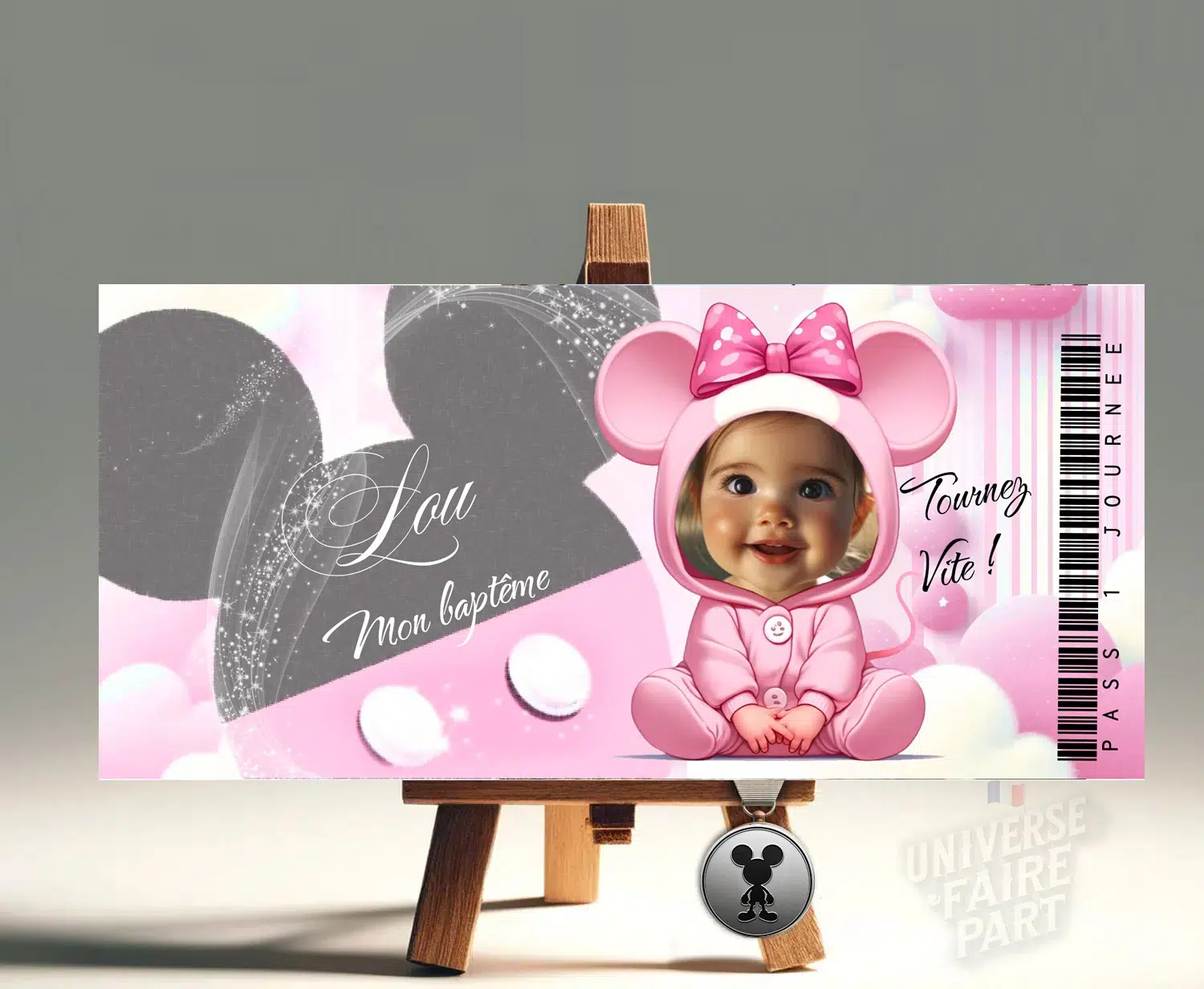 Découvrez le Faire-Part Original Ticket Pass 1 Journée avec Lyly Déguisée en Minnie : Une Invitation Magique et Ludique