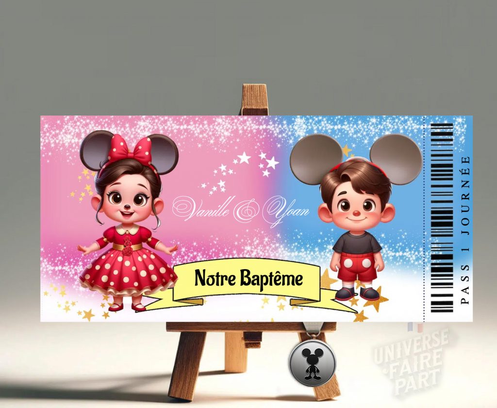 Faire-Part Ticket Pass 1 Journée avec Miss Vanille et Mr Yoan Déguisés en Minnie et Mickey : Une Invitation Magique et Amusante
