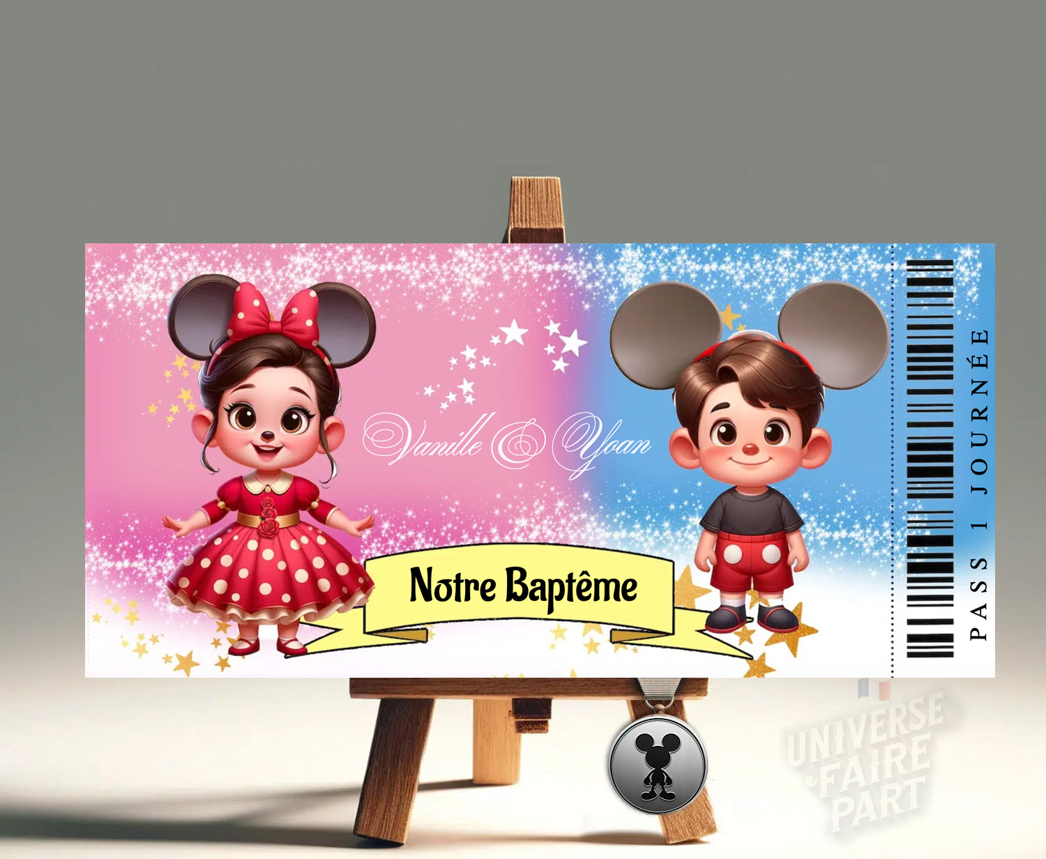 Faire-Part Ticket Pass 1 Journée avec Miss Vanille et Mr Yoan Déguisés en Minnie et Mickey : Une Invitation Magique et Amusante