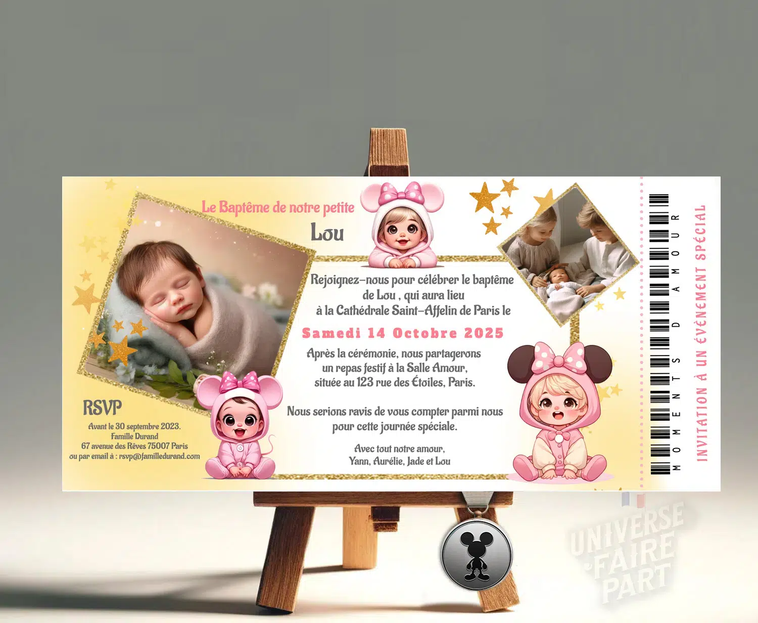 Découvrez le Faire-Part Original Ticket Pass 1 Journée avec Lyly Déguisée en Minnie : Une Invitation Magique et Ludique