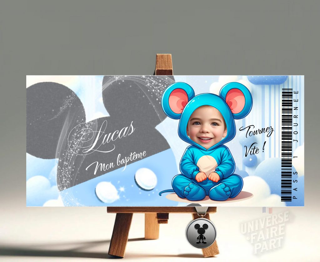 Découvrez le Faire-Part Ticket Pass 1 Journée pour le Baptême de Lucas Déguisé en Mickey : Une Invitation Pleine de Magie