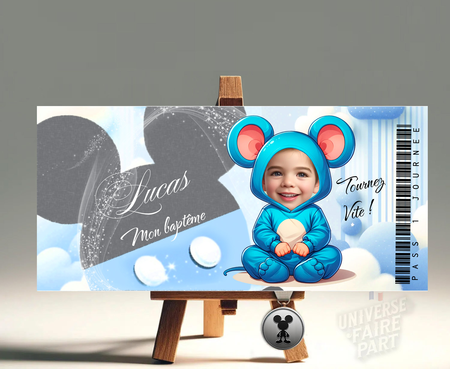 Découvrez le Faire-Part Ticket Pass 1 Journée pour le Baptême de Lucas Déguisé en Mickey : Une Invitation Pleine de Magie