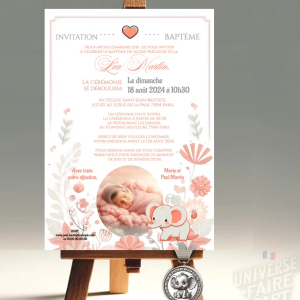 Faire-Part Petit Éléphant Adorable Corail et Blanc : Une Annonce Charmante pour Votre Bébé