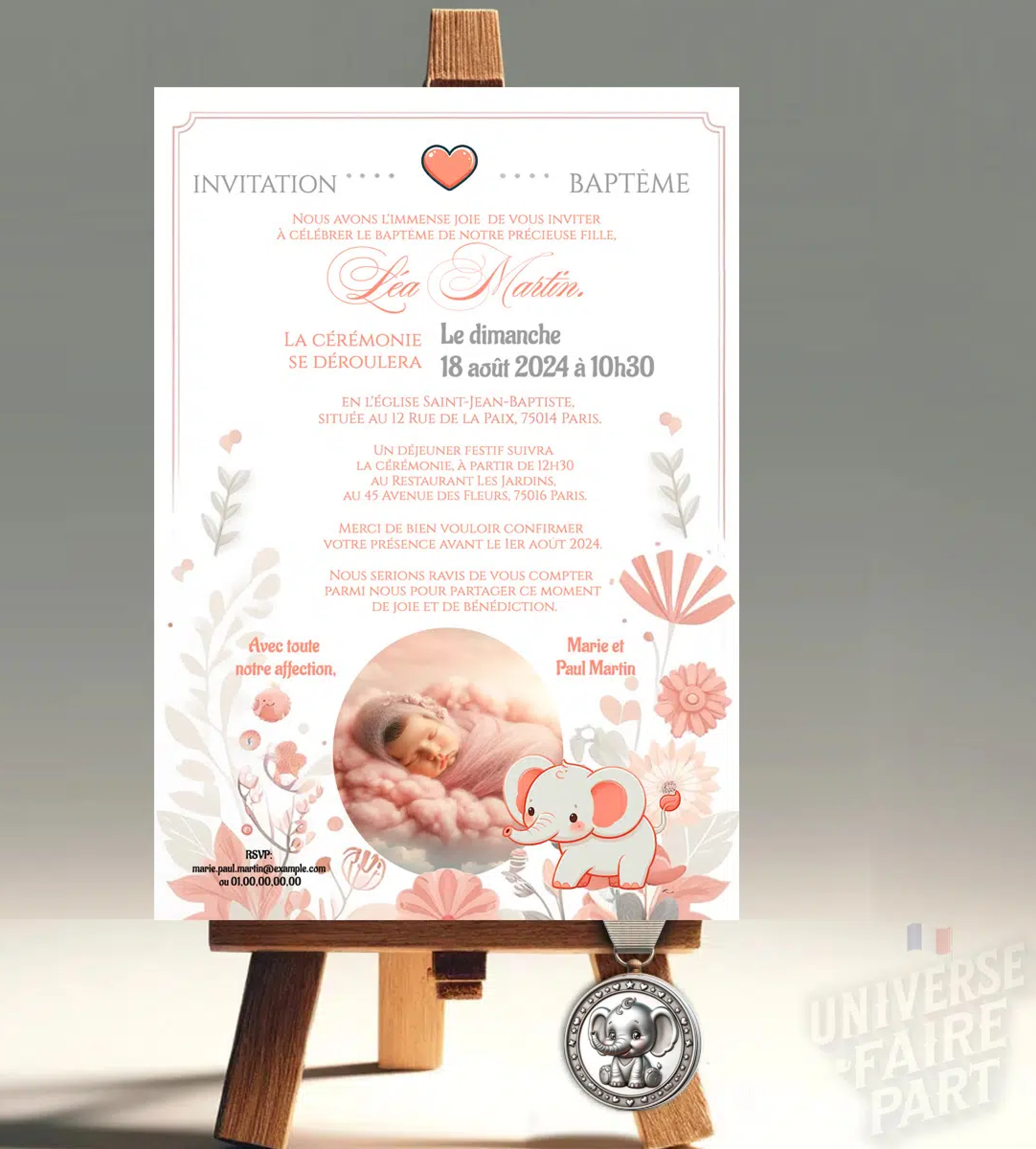 Faire-Part Petit Éléphant Adorable Corail et Blanc : Une Annonce Charmante pour Votre Bébé